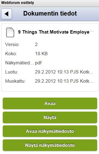 Mobiili käyttöliittymän näkymä dokumenttitiedoista.