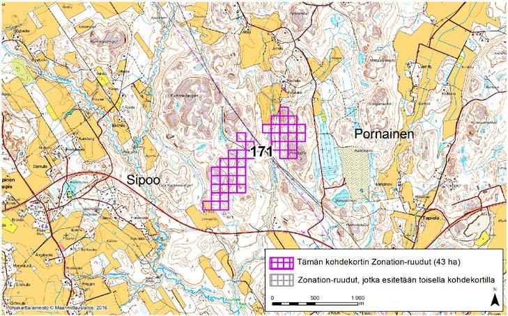 Sipoo Pornainen, Zonation-aluetunnus 171 SIPOO PORNAINEN (171) Alue sijaitsee pohjoisessa Sipoossa ja läntisessä Pornaisissa Pohjois-Paippisten (Norra Paipis) kylän (Sipoo) itäpuolella ja Tapiolan