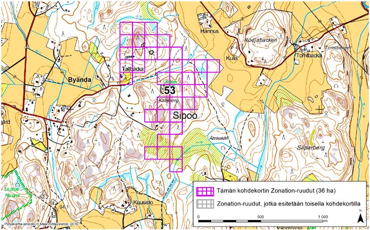 Sipoo, Zonation-aluetunnus 53 SIPOO (53) Alue sijaitsee Sipoon pohjoisosissa Byändan kylän itäpuoleisella metsäalueella. osalta erityisesti arvokkaisiin kalkkikivialueisiin ja kallioalueisiin.