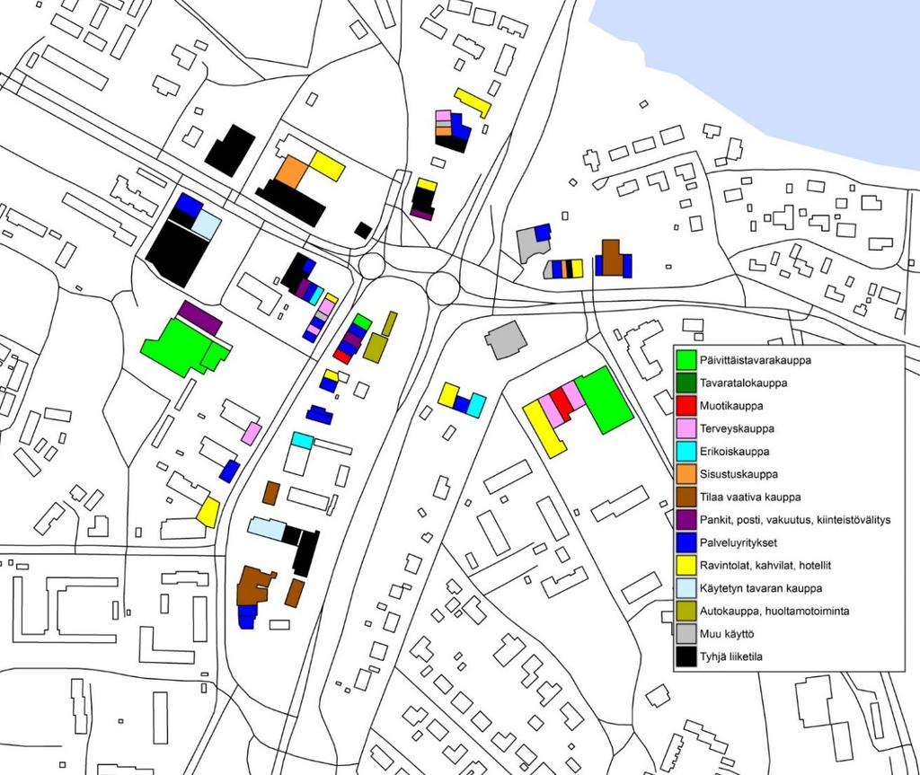 Kaupallinen rakenne Haukiputaan keskustassa 2017 Lähde: WSP kartoitus, helmikuu 2017 Pohjakartta: Maanmittauslaitoksen maastotietokanta ja maastokartta 02/2017 Haukiputaan keskustassa on varsin