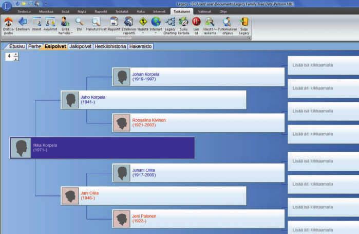 SUURTESTI LEGACY FAMILY TREE DELUXE 8.0 8,3 27 Legacy Family Tree Deluxella voi tarkastella sukupuun tietoja monin eri tavoin. Näkymät ovat selkeät ja havainnolliset.