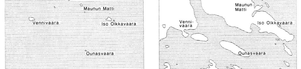 Kuvassa A tilanne noin 9 000 vuotta sitten, jolloin ylin ranta oli 213 m tasolla.