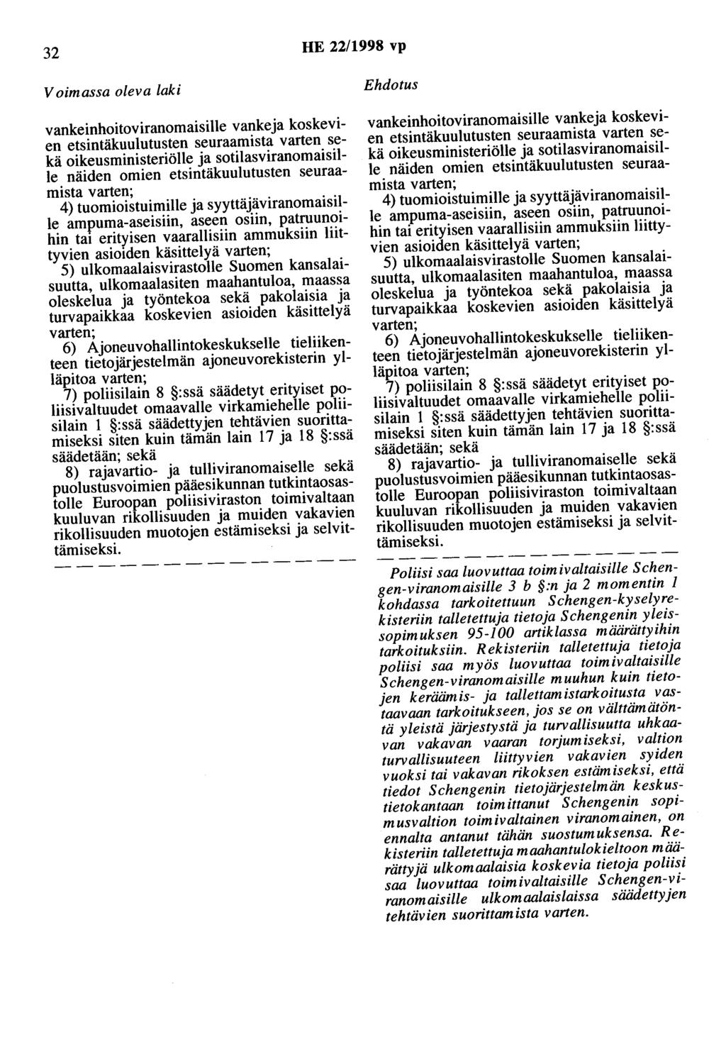 32 HE 22/1998 vp Voimassa oleva laki vankeinhoitoviranomaisille vankeja koskevien etsintäkuulutusten seuraamista varten sekä oikeusministeriölle ja sotilasviranomaisille näiden omien