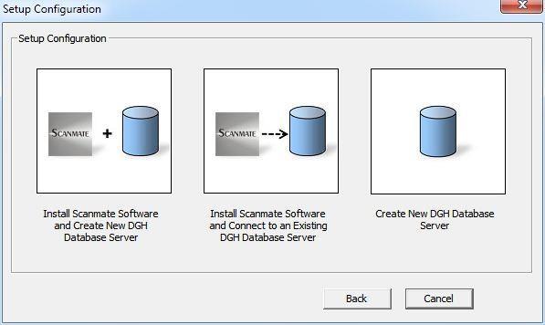 Ensimmäinen vaihtoehto on Install the Scanmate Software and Create a New DGH Database Server, Scanmate- ohjelmiston asentaminen ja uuden DGH tietokantapalvelimen luominen käytössä olevalle