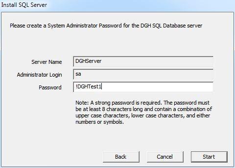 Jos SQL Server asennetaan tietokoneelle Scanmate-sovellusta varten ensimmäistä kertaa, tulee luoda ylläpitäjän nimi ja salasana. Palvelimelle annetaan nimi DGHServer.