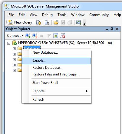 3) Mene kohtaan DGHServer ja napsauta hiiren oikeaa painiketta Databases-kansion kohdalla ja valitse Attach.