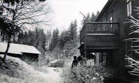 Kujan vasemmalla puolella avoin tila lantalaan ja talon puolella tallinparvi. Miesten työverstas jää kuusen taakse vasemmalle. Kuva 2: Kuva Niskalammelta päin.