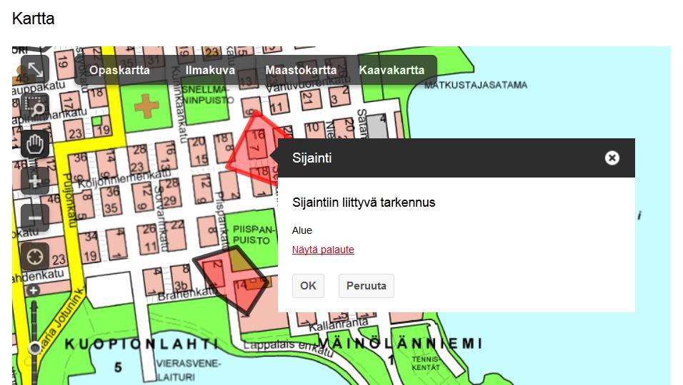 Kuopion kaupunki Asiakkaan ohje 15 (18) 4.2 Kartta Kaikki hakuehtojen mukaiset julkiset, sijainnilliset palautteet näkyvät kartalla.