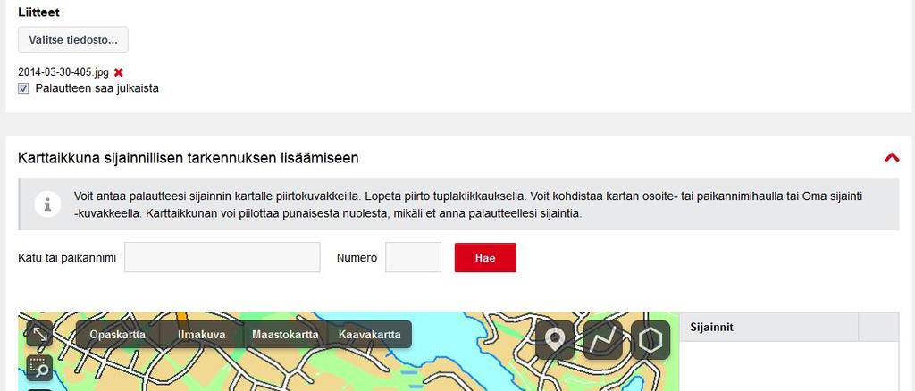 Kuopion kaupunki Asiakkaan ohje 7 (18) 3.1.4 Palautteen liitteet Palautteelle voidaan lisätä liitteitä. Liitteiden koko voi olla yhteensä enintään 10 Mb.