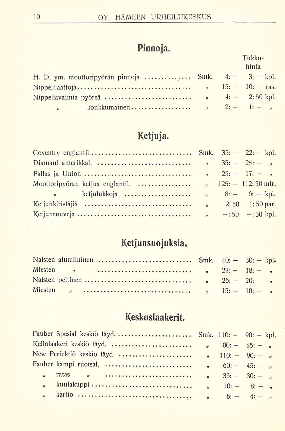 Smk. 1: 25: 17: 30: 18: 10; 90: 85; 90: 45: 30: 8: OY. HÄMEEN URHEILUKESKUS Pinnoja. H. D. ym. moottoripyörän pinnoja 3: Nippelilaattoja 10: ras.