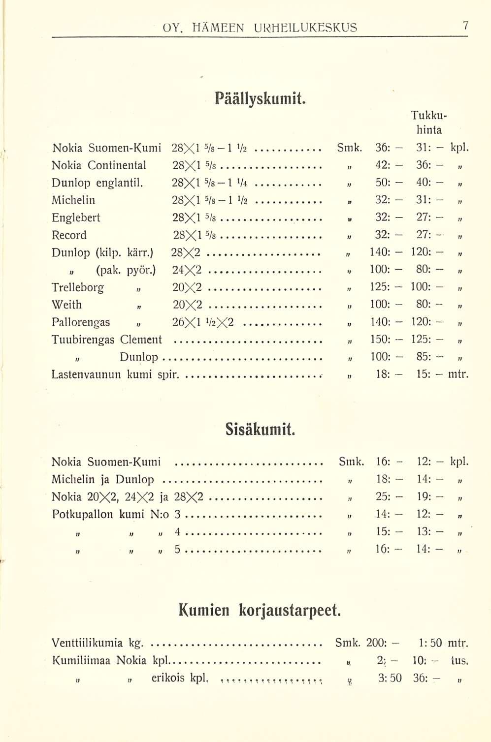 31: 36: 27; 27: 100: 80: 85: 12; 19: OY. HÄMEEN URHEILUKESKUS Päällyskumit. Nokia SuomenKumi 28X1 5 /sl l h Smk. 36: Nokia Continental 28X1 5 /s 42: ~ Dunlop englanti!