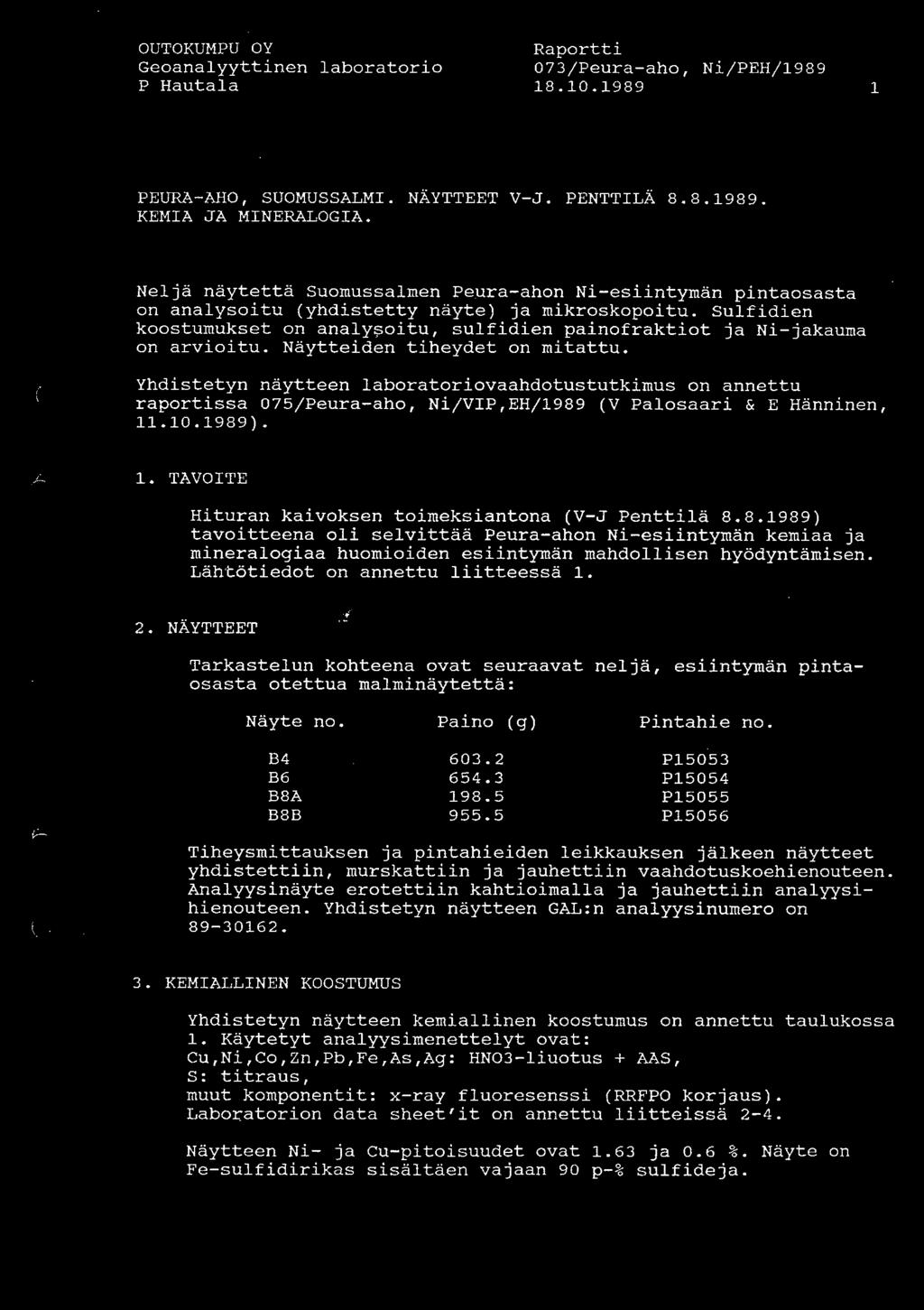 OUTOKUMPU OY P Hautala Raportti 073/Peura-aho, Ni/PEH/ 1989 18.10.1989 1 PEURA-AHO, SUOMUSSALMI. NÄYTTEET V-J. PENTTILÄ 8.8.1989. KEMIA JA MINERALOGIA.