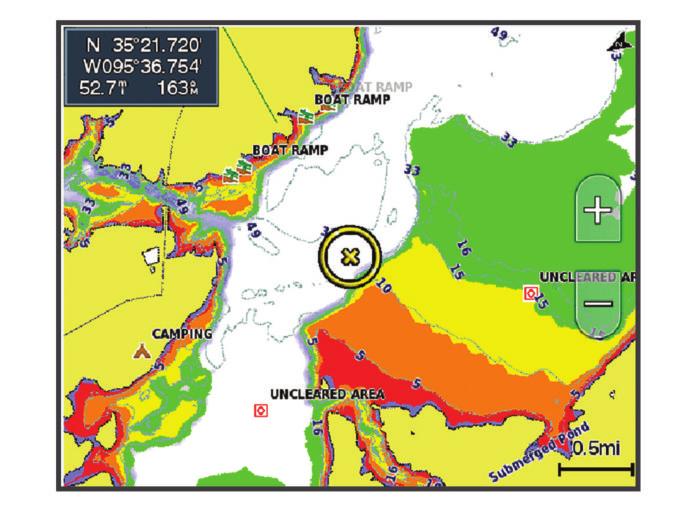 näyttää kartat, jotka olet ladannut Garmin Quickdraw yhteisöstä. Tallennuksen siirtymä: määrittää luotainsyvyyden ja käyrän tallennussyvyyden välin.