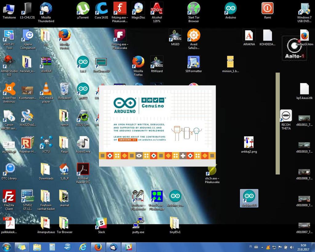 Sammuta Arduino IDE.!! Vieläkään EI saa olla Arduino laitealusta ja USB kytkettynä PC USB väylään. Ensimmäinen käynnistys. Valitse työpöydän Arduino183 pikakuvake.