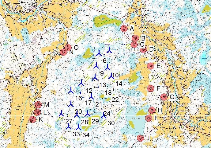 DECIBEL - Main Result Calculation: 20 x Vestas V126 hh137m: 107,5dB(A) Noise calculation model: ISO 9613-2 General Wind speed: 8,0 m/s Ground attenuation: General, Ground factor: 0,4 Meteorological