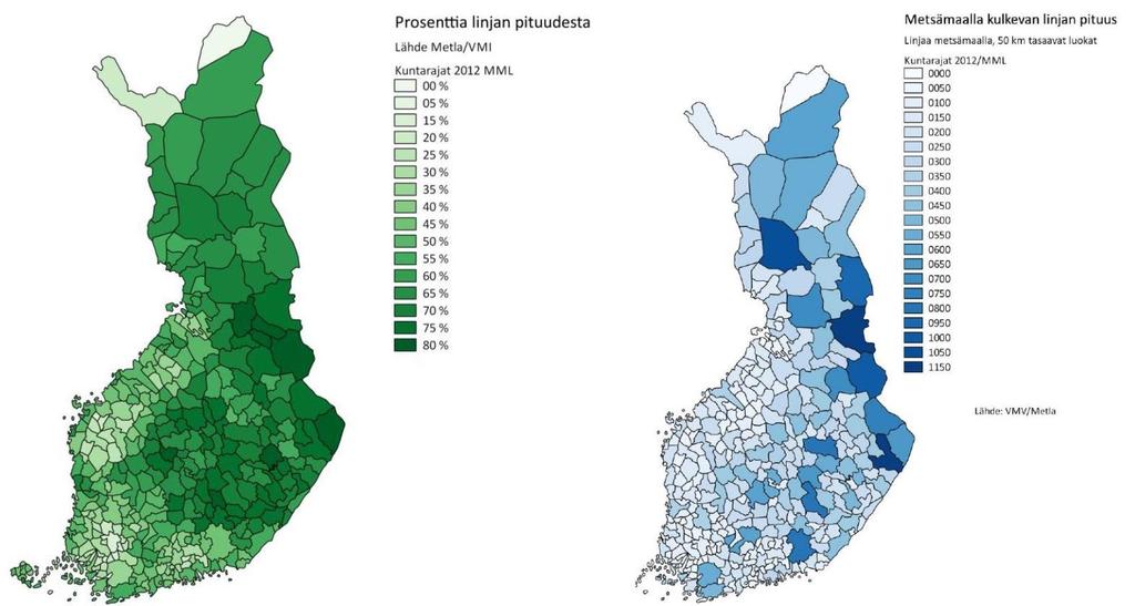 Tämän vuoksi suuri osa keskijänniteverkosta sijoittuu metsien läheisyyteen. Metsässä kulkevan keskijänniteverkon pituutta on havainnollistettu kuvassa 2.2. Kuva 2.