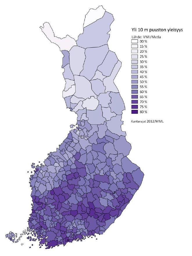 16 Kuva 2.3 Yli 10 metriä pitkän puuston yleisyys sähköverkkojen vierimetsissä (Tapio 2013a).