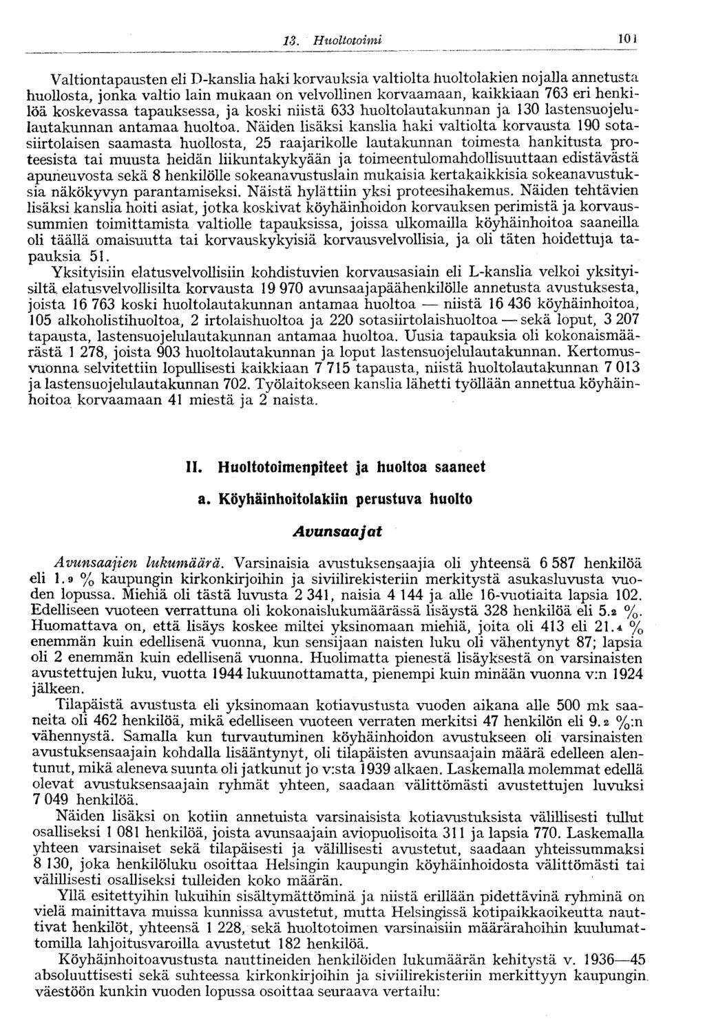 .0 3. Huoltotoimi Valtiontapausten eli D-kanslia haki korvauksia valtiolta huoltolakien nojalla annetusta huollosta, jonka valtio lain mukaan on velvollinen korvaamaan, kaikkiaan 763 eri henkilöä