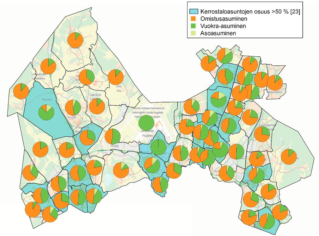 9 Kartta 1. Kaupunginosittaiset hallintamuoto-osuudet ja kerrostaloasuntojen osuus 31.12.