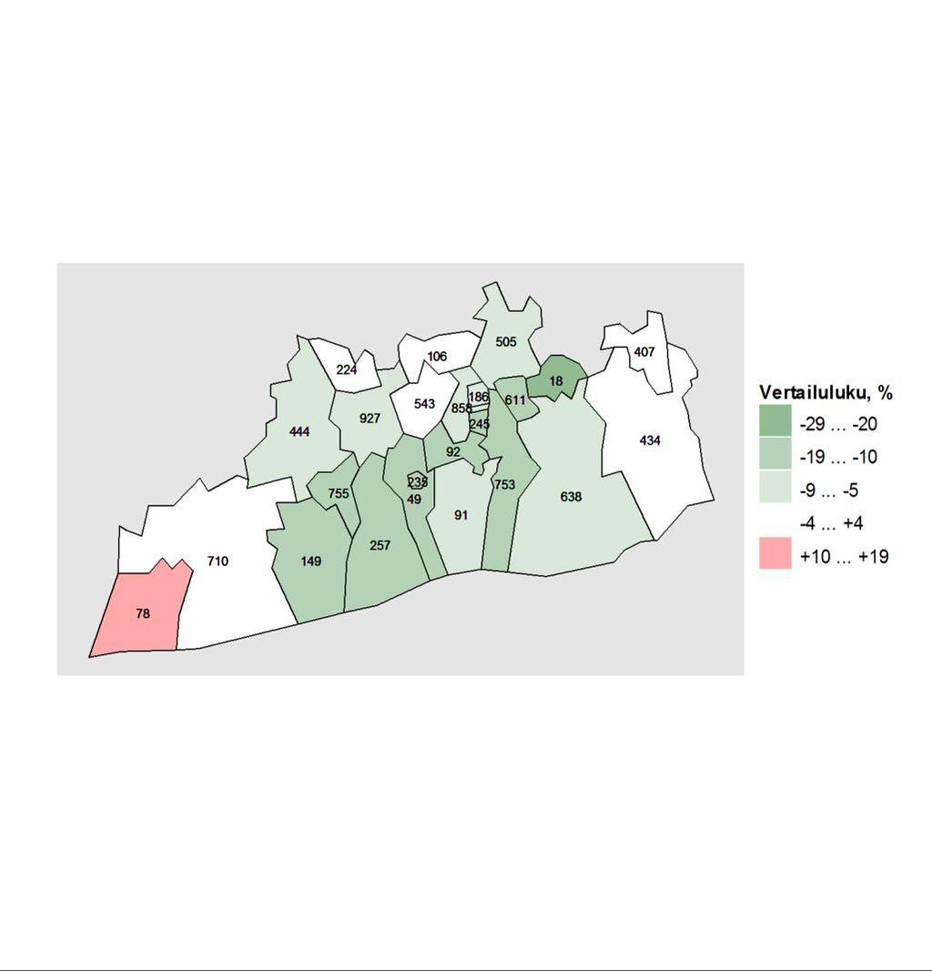 Kartta 1. Vammojen ja myrkytysten aiheuttamat hoitojaksot alueen kunnissa vuosina 2010 2014, vertailutiedot koko maan tilanteeseen. Kartta: Maanmittauslaitoksen Yleiskartta 1:4 500 000, 2011.