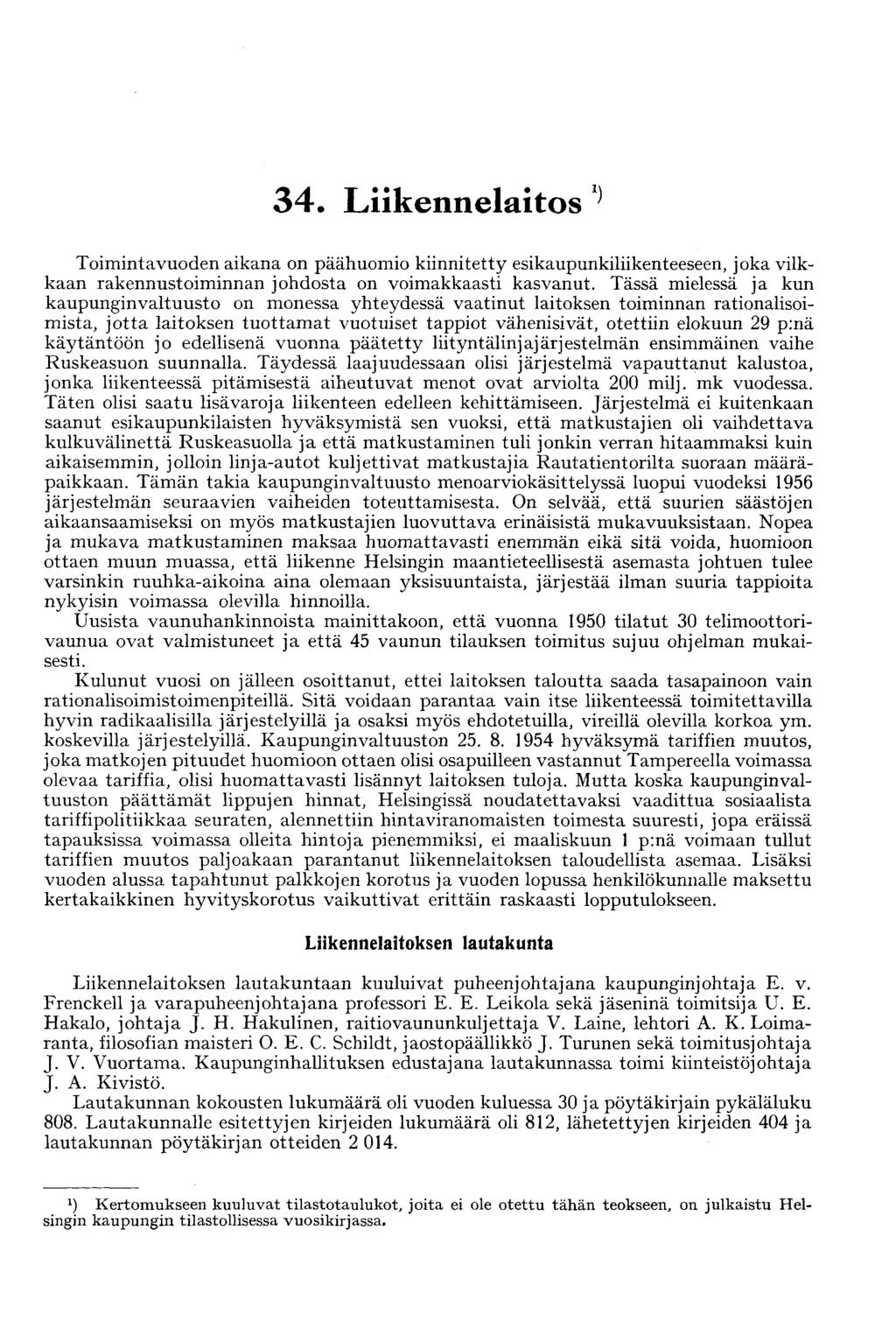 34 Liikennelaitos 1} Toimintavuoden aikana on päähuomio kiinnitetty esikaupunkiliikenteeseen, joka vilkkaan rakennustoiminnan johdosta on voimakkaasti kasvanut.