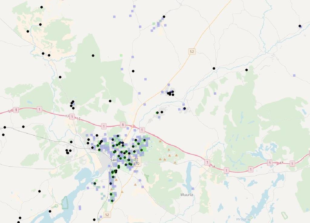 15 Kuva 5. Salon kirjastoauton vaikutusalue. Verrattuna kiinteiden kirjastojen vaikutusalueisiin, ovat kaikkien autojen vaikutusalueet hajanaisia ja melko harvoja.