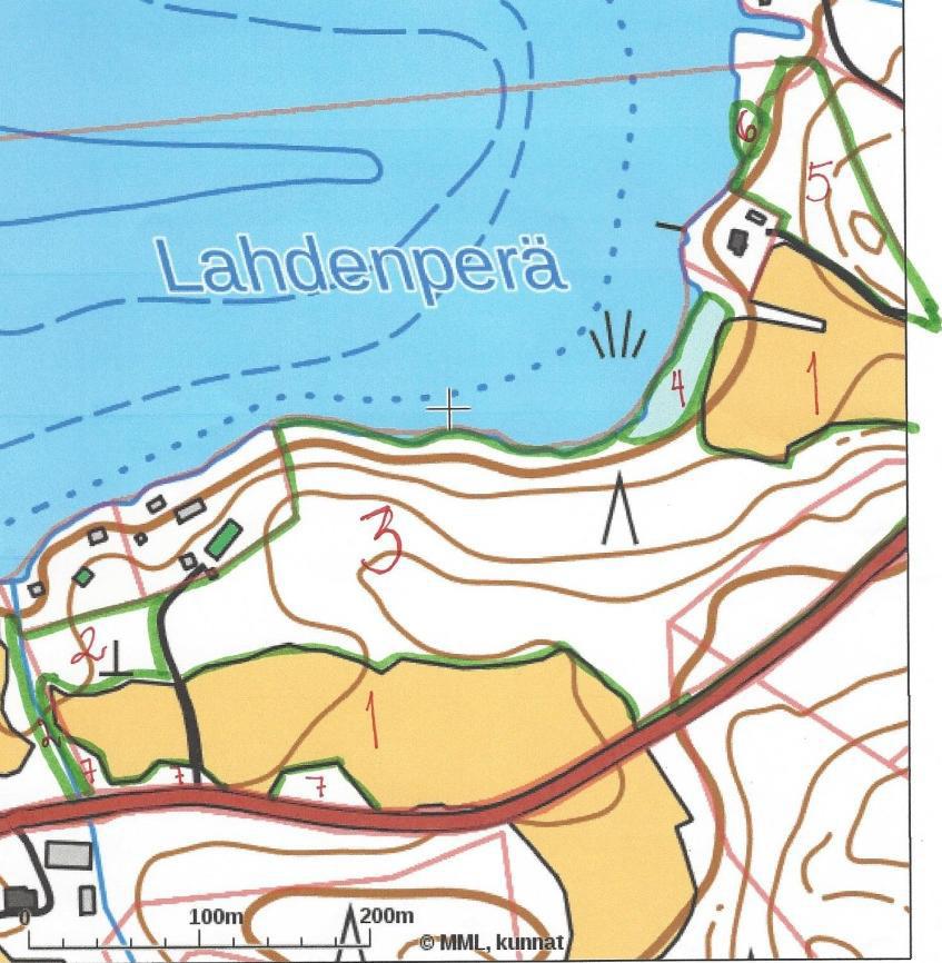 Kartta 3: Selvitysalueen itäosan luontotyypit Numero 1 on peltoja, numero 2 on kostea lehto ja pellon