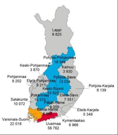 Maakuntiin siirtyvä henkilöstömäärä maakunnittain Yhteensä siirtyviä noin 220000 hlöä.