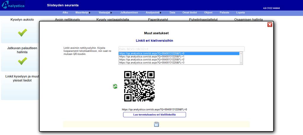 6.4 QR-koodit QR-koodien avulla on mahdollista helpottaa kyselyihin vastaamista. QR-koodien avulla voi täyttää yhden tai useamman taustamuuttujan (esim. sijainti) automaattisesti kyselyyn.