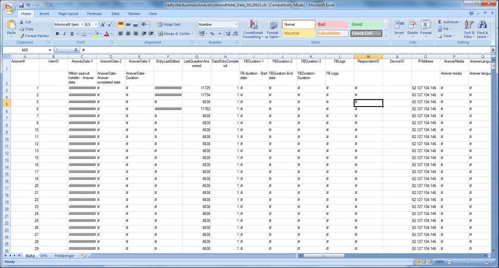 4. Analystican data Excelissä. Huomaa, että Excel-taulukon ensimmäinen sarakket sisältävät dataa, jonka ohjelma täydentää automaattisesti vastauksen tallentuessa.
