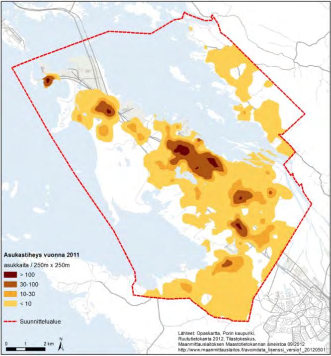 Tiheästi asuttuja alueita ovat myös Kaanaa, Kyläsaari, Uniluoto sekä Uudenniityn koilisosa. Kuva 9. Yyterinniemen väestöntiheys vuonna 2011.