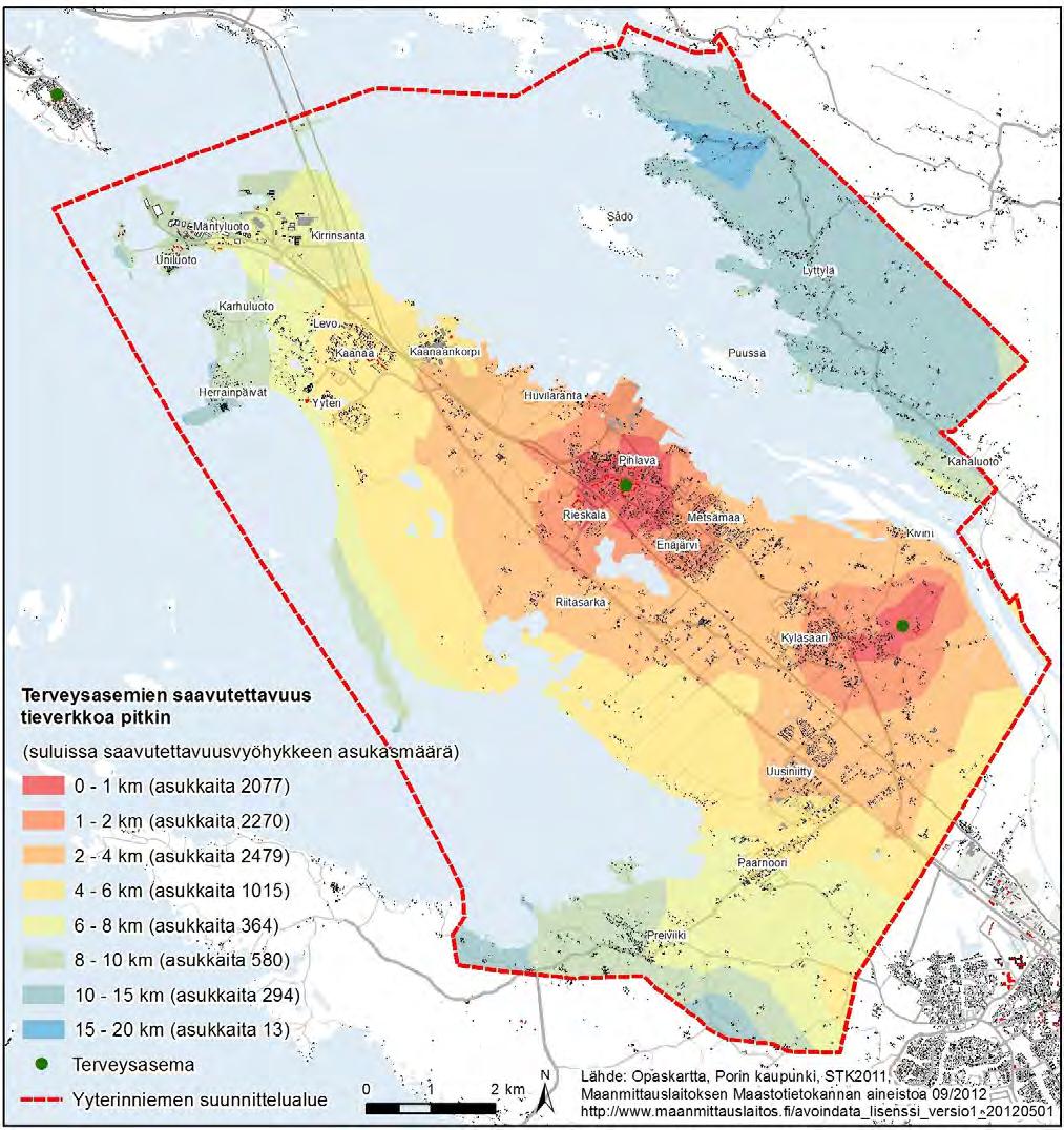 Kuva 31. Terveysasemien saavutettavuus tieverkkoa pitkin Yyterinniemen suunnittelualueella. Yyterinniemen alueen alakoulujen saavutettavuus on hyvä.