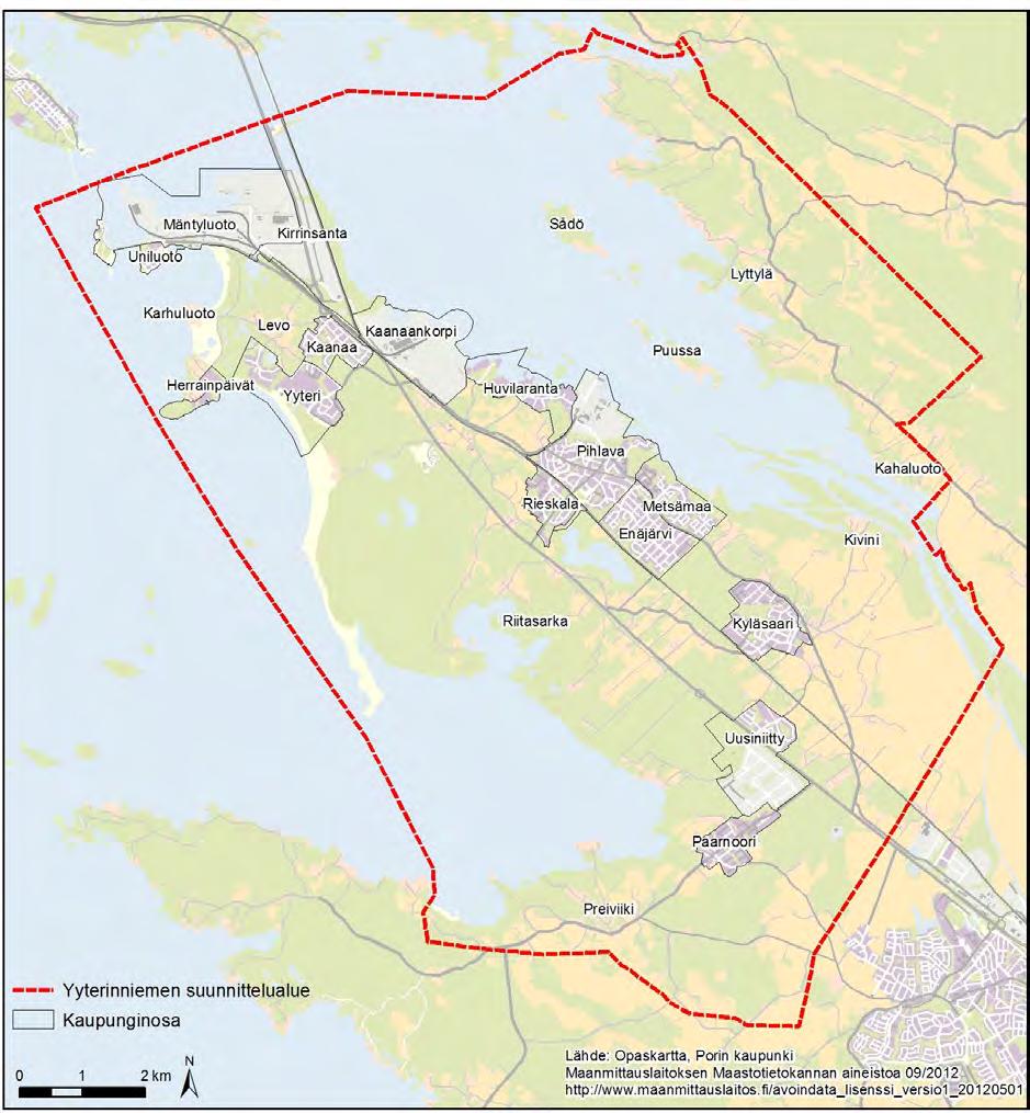 Kuva 1. Yyterinniemen suunnittelualue ja suunnittelualueen kaupunginosat. 2.