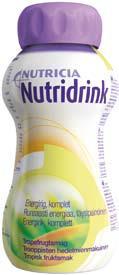 Perustäydennysravintojuomat Nutridrink 200 ml 300 kcal 12 g proteiinia Maut: vanilja, banaani, kaakao, mansikka Esim.