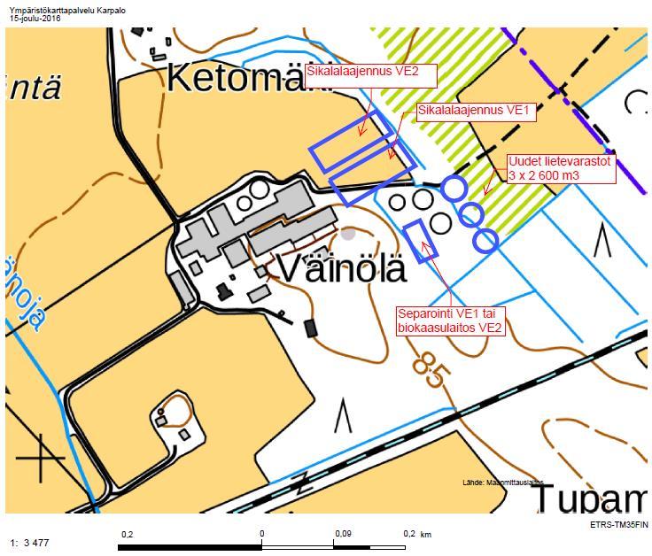 Kuva 4.2 Laajennusosien sijoittuminen tilalla. Lihasikalan toimintakaavio eri vaihtoehdoissa on esitetty kuvassa 3.