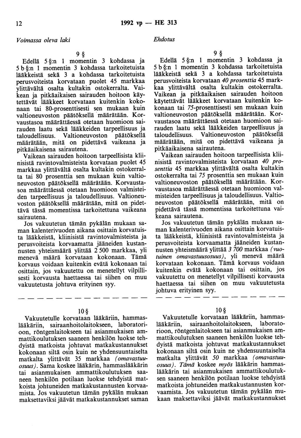 12 1992 vp - HE 313 Voimassa oleva laki 9 Edellä 5 :n 1 momentin 3 kohdassa ja 5 b :n 1 momentin 3 kohdassa tarkoitetuista lääkkeistä sekä 3 a kohdassa tarkoitetuista perusvoiteista korvataan puolet