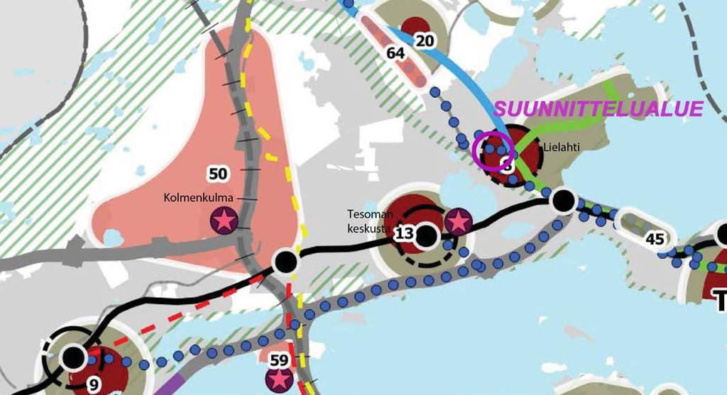 asemakaavakohde merkitty violetilla ympyrällä Rakennesuunnitelma 2040 Tampereen kaupunkiseudun rakennesuunnitelma on hyväksytty