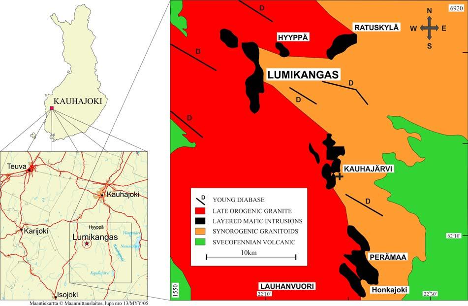 apatiitti-ilmeniittigabrot sisältävät huomattavia määriä ilmeniittiä, apatiittia ja magnetiittia keskimäärin 18-22 %. Kuva 7. Kauhajoen Lumikankaan sijainti tiekartalla ja geologisella yleiskartalla.