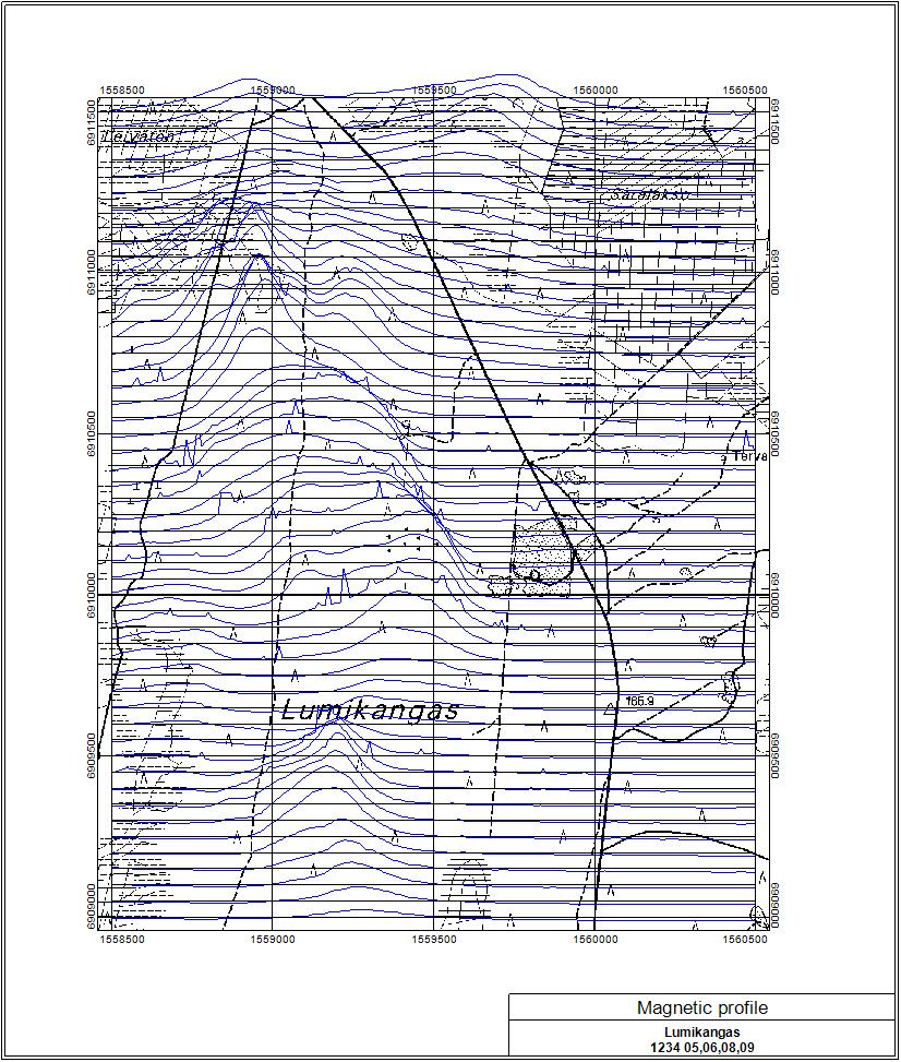 Kuva 4. Lumikankaan magneettiset maastomittausprofiilit. Fig. 4. Ground magnetic profiles at Lumikangas 2.1.