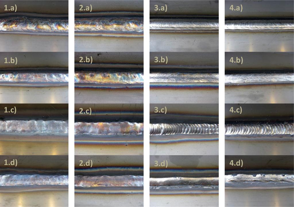 3 Laboratoriokokeiden tulokset 3.1 Hitsausliitosten makrokuvat Hitsausliitosten kuvat hitsin pinnan puolelta on esitetty kuvassa 6. Sarake nro 1: S-B 316/EN1.4509, nro 2: S-B 316/EN1.