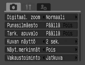 Kuvaus-, Käyttö-, Tulostus-, Asetukset- ja Minun kamerani -valikot Näiden valikoiden avulla voit määrittää mieleisesi kuvaus-, toisto- ja tulostusasetukset.