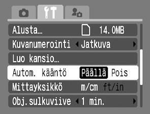 Automaattisen kääntötoiminnon asettaminen Kuvaustila Kamerassa on suunta-anturi, joka havaitsee, jos kuva otetaan pystysuorassa olevalla kameralla, ja kääntää kuvan automaattisesti oikeansuuntaiseksi