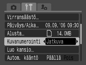 Kuvanumeron muuttaminen Kuvaustila Ottamillesi kuville määritetään automaattisesti kuvanumerot. Voit valita, miten kuvanumero määritetään. 1 (Asetukset) -valikko [Kuvanumerointi] [Jatkuva]*/[Aut.