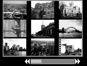 Valittu kuva Movie Siirtyminen yhdeksän kuvan ryhmien välillä Jos siirrät zoomausvipua kohti -merkkiä ollessasi luettelokuvan toistotilassa, näyttöön tulee selauspalkki ja voit siirtyä yhdeksän