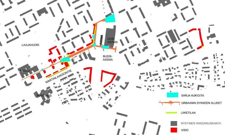 Martinlaakson kehityskuva Martinlaakson kehityskuvassa suunnittelualue sijoittuu niin sanotun urbaanin sykkeen alueelle, mikä tarkoittaa erityistä huomioita julkisiin ulkotiloihin ja rakennusten