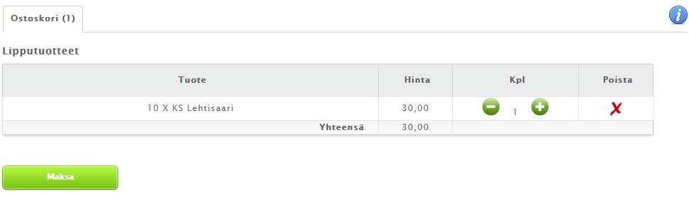 JYVÄSKYLÄN KAUPUNKI Verkkokauppa 11 Ostoskoriin on listattuna valitut tuotteet. Tässä voidaan vielä lisätä tai poistaa tuotteita. Maksamaan siirtyminen tapahtuu painamalla Maksa painiketta.