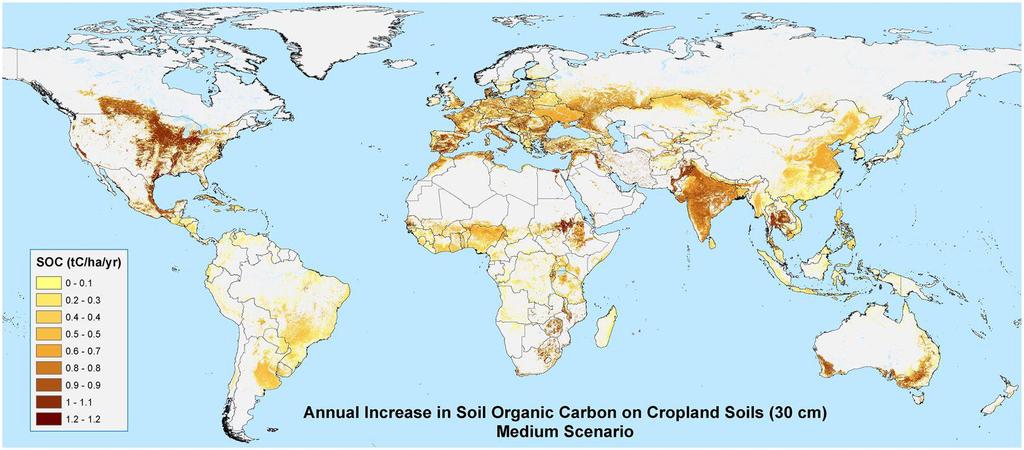 Hiilensidonnan (tekninen) potentiaali maatalousmaissa SCIENTIfIC REPORTS 7: 15554 Annual increase in soil organic carbon (SOC) in the top 30 cm, on all available cropland soils globally (i.e. those not excluded from the analysis as high SOC or sandy soils) under the medium scenario (i.