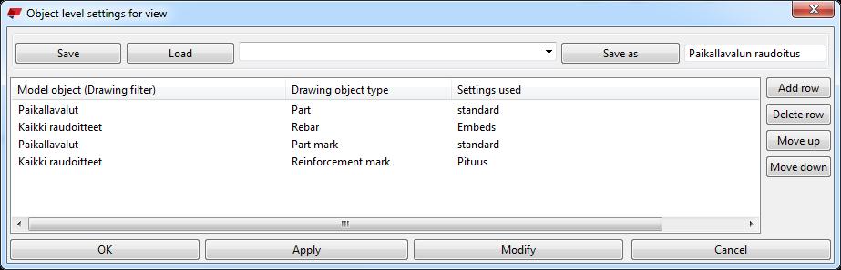 esitetään raudoituksen pituus; valitaan Kaikki raudoitteet -filter, Drawing object type Reinforcement mark ja settings used Pituus (kuva 6).