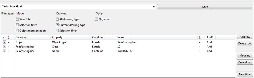 Filter-välilehdellä voi luoda asetuksia, joilla voidaan suodattaa tiettyjä osia ja ryhmiä. Filttereillä pystytään kohdentamaan tieto haluttuun osaan, ilman että se vaikuttaa muihin.