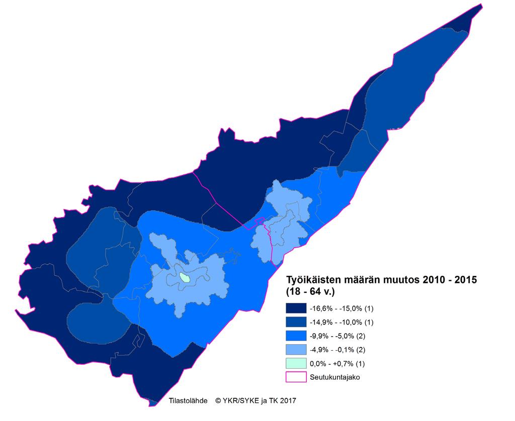 Työikäisten (18-64 v.) määrän muutos 2010 2015 Työikäisten ikääntyminen näkyy yllä olevassa työikäisten määrän muutos -kartassa selkeästi.